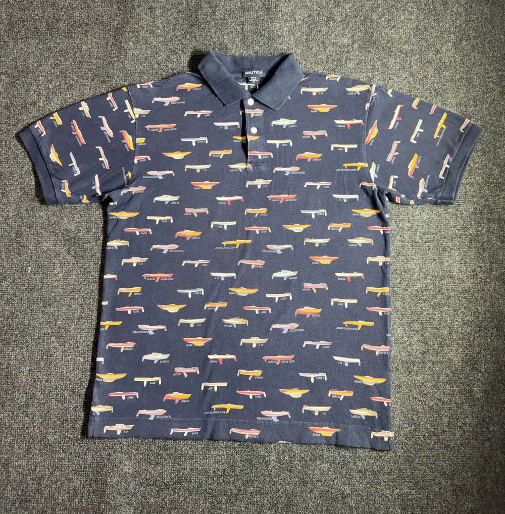 Vintage Nautica Men's Navy Blue Polo Shirt All-Over Sailboat Graphic Print Size